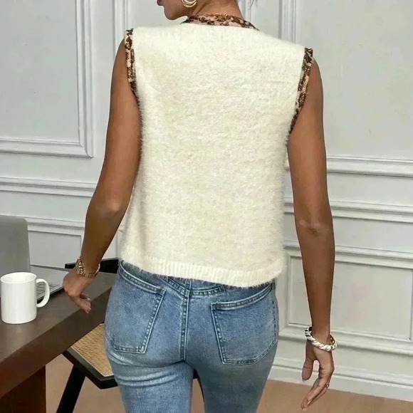 Multicolor Casual Women's Patchwork Leopard Print V-Neck Lace-Up Knitted Vest - Picture 2 of 6